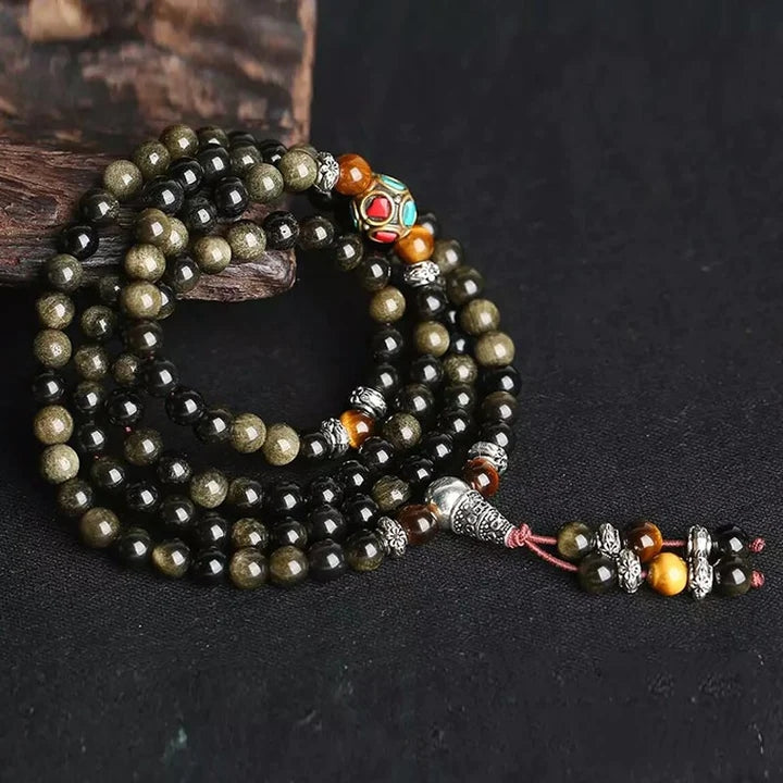 108 Beads Mala Golden Obsidian Tiger Eye Energy Necklace Bracelet - Fortune & Karma