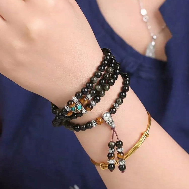 108 Beads Mala Golden Obsidian Tiger Eye Energy Necklace Bracelet - Fortune & Karma