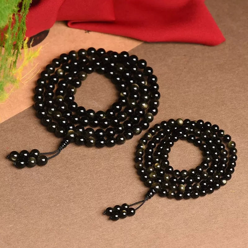 108 Mala Beads Natural Gold Sheen Obsidian Wealth Necklace Bracelet - Fortune & Karma
