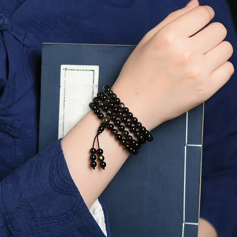 108 Mala Beads Natural Gold Sheen Obsidian Wealth Necklace Bracelet - Fortune & Karma