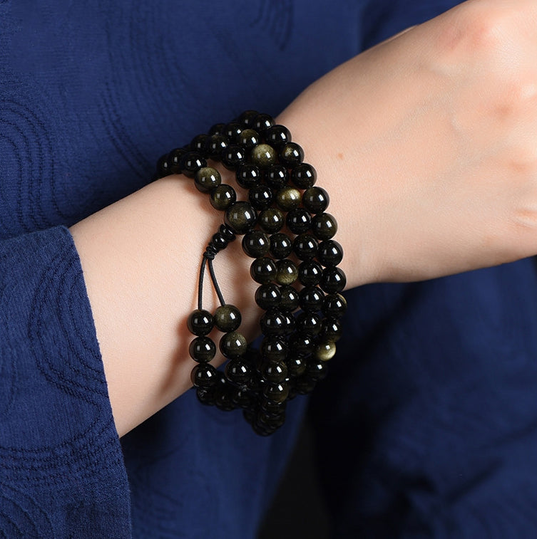 108 Mala Beads Natural Gold Sheen Obsidian Wealth Necklace Bracelet - Fortune & Karma