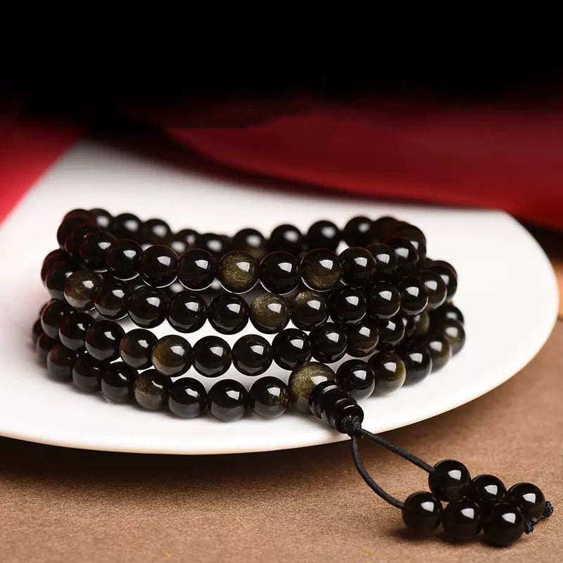 108 Mala Beads Natural Gold Sheen Obsidian Wealth Necklace Bracelet - Fortune & Karma