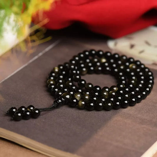 108 Mala Beads Natural Gold Sheen Obsidian Wealth Necklace Bracelet - Fortune & Karma