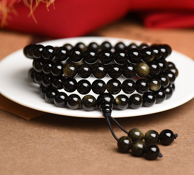 108 Mala Beads Natural Gold Sheen Obsidian Wealth Necklace Bracelet - Fortune & Karma