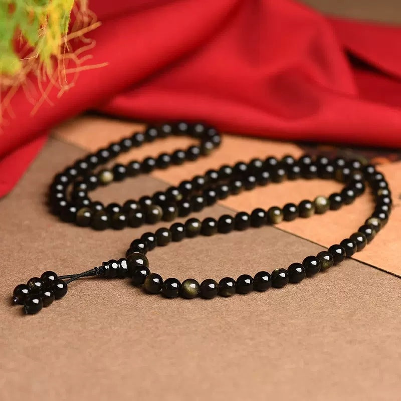 108 Mala Beads Natural Gold Sheen Obsidian Wealth Necklace Bracelet - Fortune & Karma