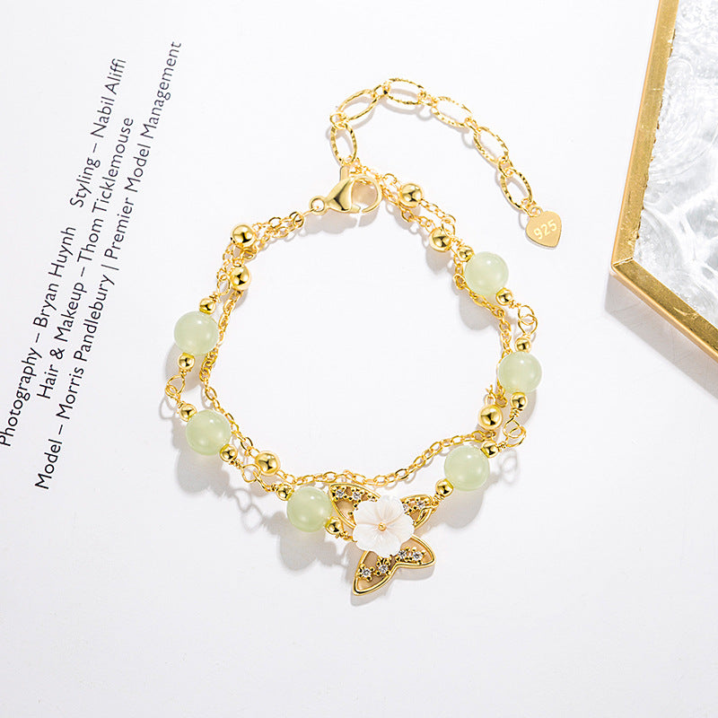 14K Gold Plated Jade Butterfly Tridacna Stone Double Layer Luck Bracelet - Fortune & Karma