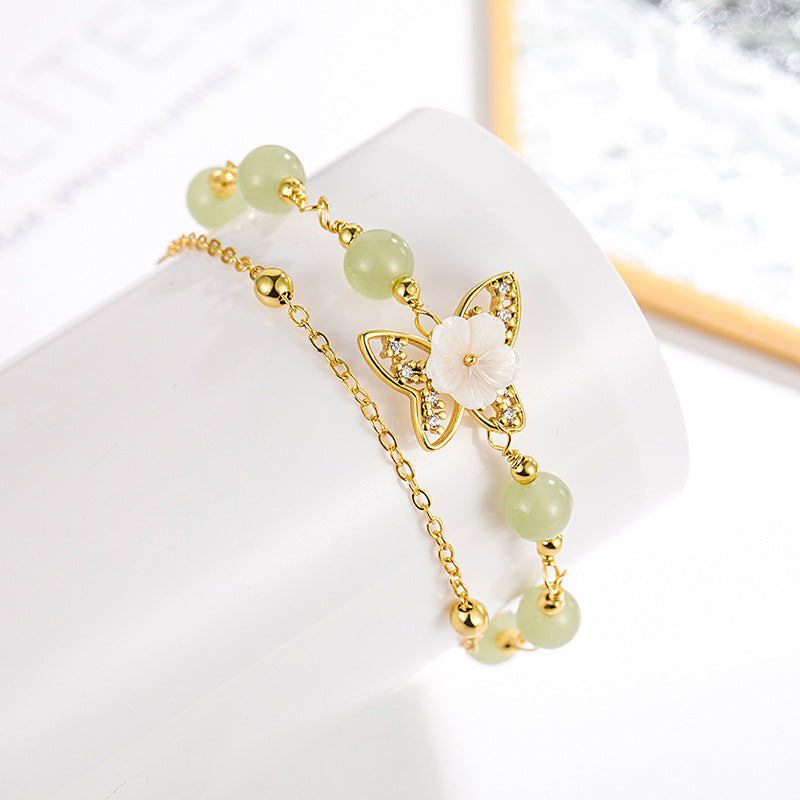14K Gold Plated Jade Butterfly Tridacna Stone Double Layer Luck Bracelet - Fortune & Karma
