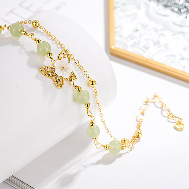 14K Gold Plated Jade Butterfly Tridacna Stone Double Layer Luck Bracelet - Fortune & Karma