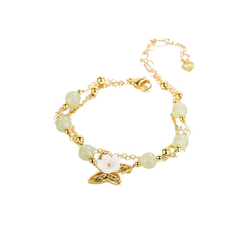 14K Gold Plated Jade Butterfly Tridacna Stone Double Layer Luck Bracelet - Fortune & Karma