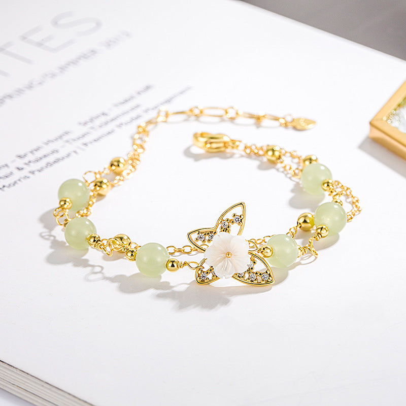 14K Gold Plated Jade Butterfly Tridacna Stone Double Layer Luck Bracelet - Fortune & Karma