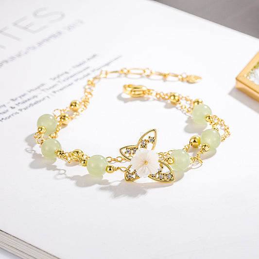 14K Gold Plated Jade Butterfly Tridacna Stone Double Layer Luck Bracelet - Fortune & Karma