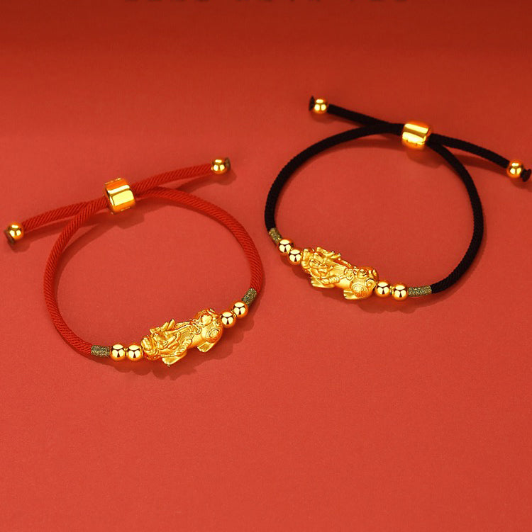 Gold-Plated PiXiu Luck Red String Bracelet - Fortune & Karma