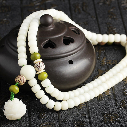 White Jade Bodhi Lotus Mala Harmony Necklace Bracelet - Fortune & Karma