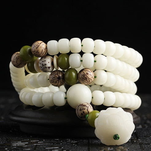 White Jade Bodhi Lotus Mala Harmony Necklace Bracelet - Fortune & Karma