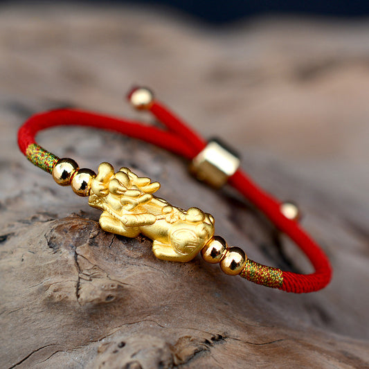Gold-Plated PiXiu Luck Red String Bracelet - Fortune & Karma