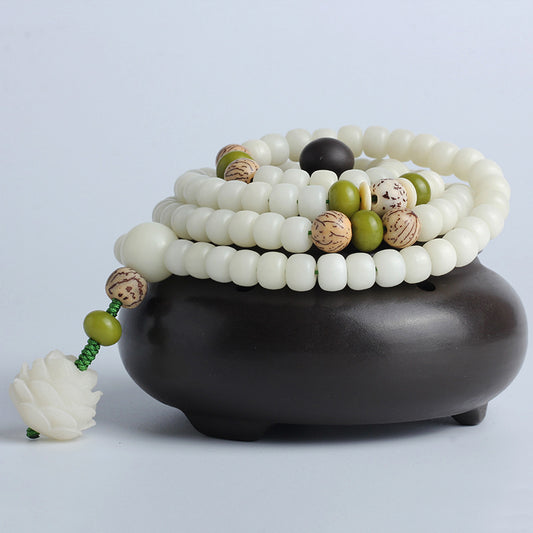 White Jade Bodhi Lotus Mala Harmony Necklace Bracelet - Fortune & Karma