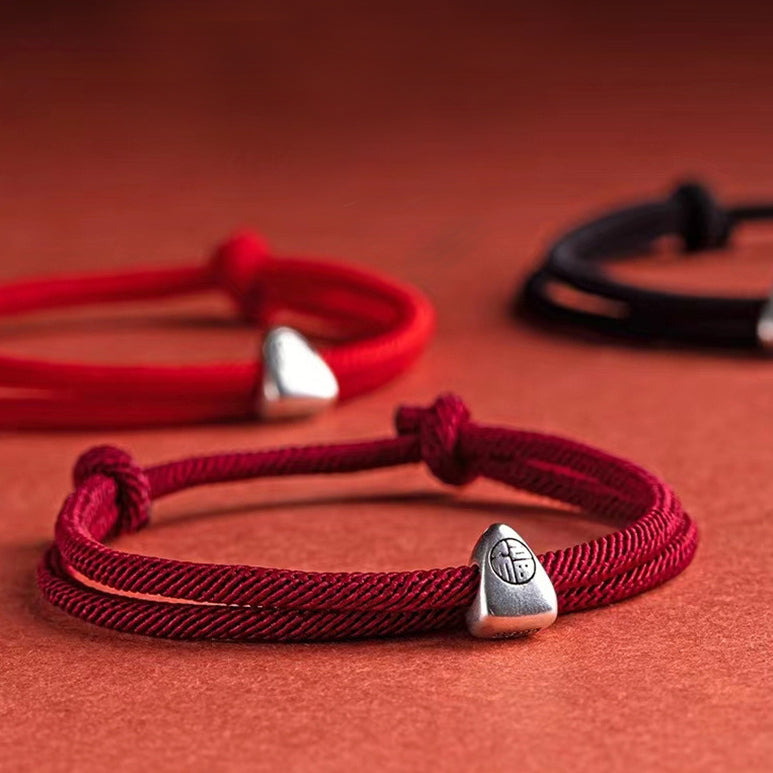 925 Sterling Silver Fu Character Blessing Handmade Braided Bracelet - Fortune & Karma