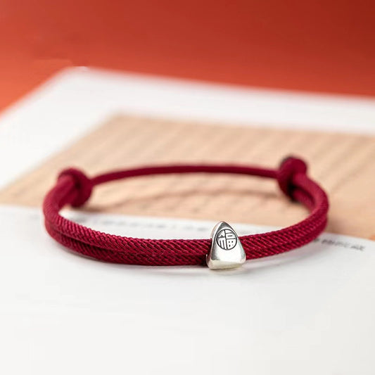 925 Sterling Silver Fu Character Blessing Handmade Braided Bracelet - Fortune & Karma