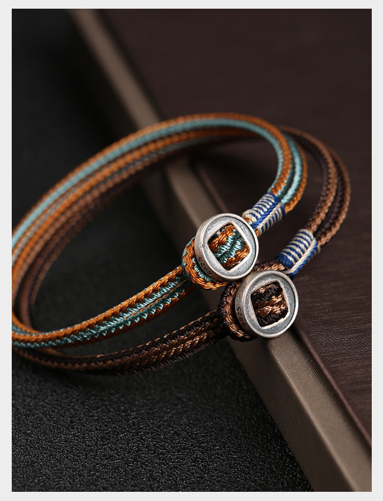 925 Sterling Silver Handmade Button Protection Weave String Bracelet - Fortune & Karma