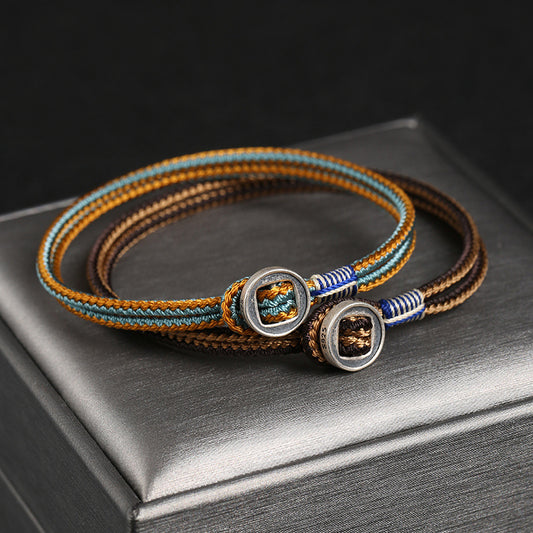 925 Sterling Silver Handmade Button Protection Weave String Bracelet - Fortune & Karma