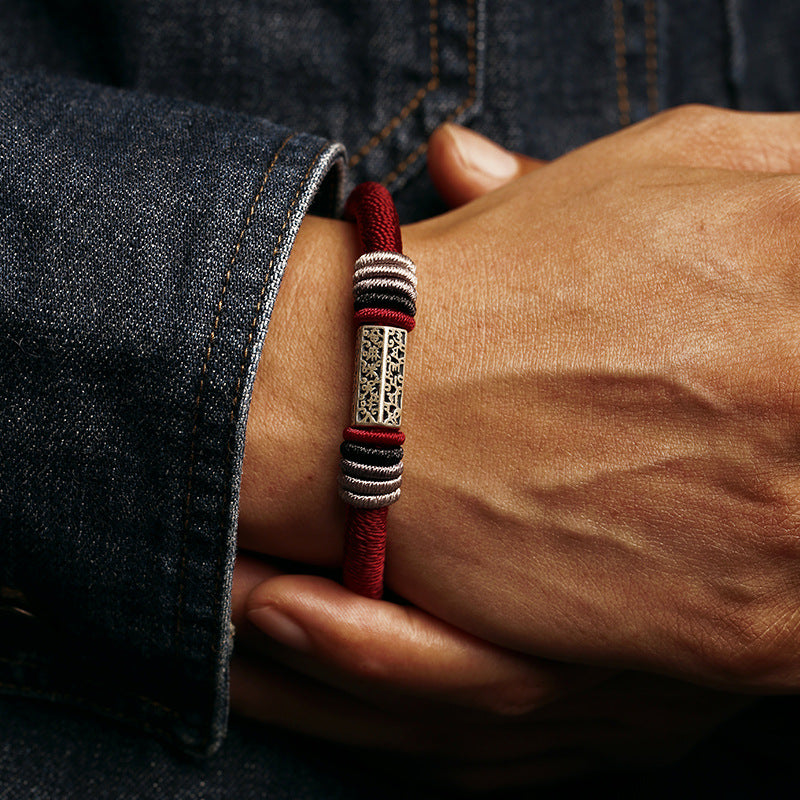 925 Sterling Silver Om Mani Padme Hum Peace Red String Bracelet - Fortune & Karma
