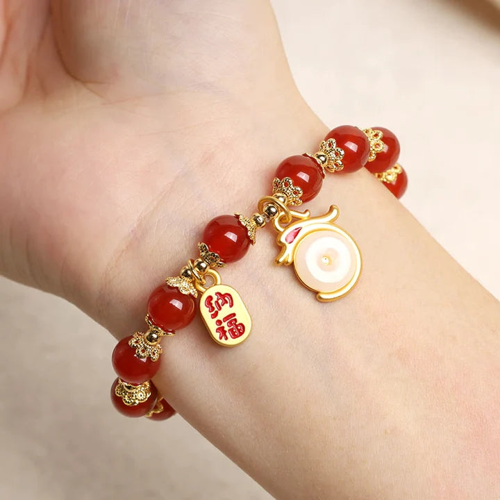 Dragon Red Agate Green Aventurine Peace Buckle Fu Character Lucky Fortune Bracelet - Fortune & Karma