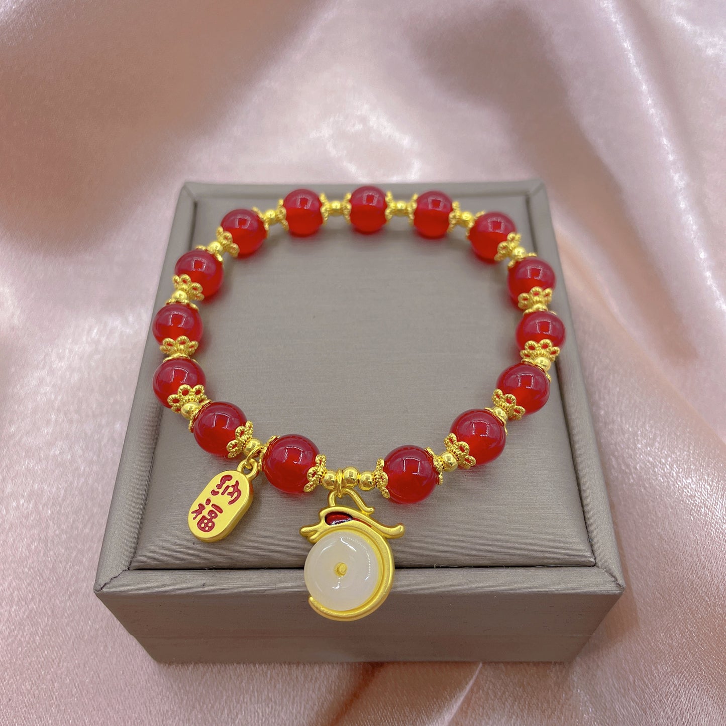 Dragon Red Agate Green Aventurine Peace Buckle Fu Character Lucky Fortune Bracelet - Fortune & Karma