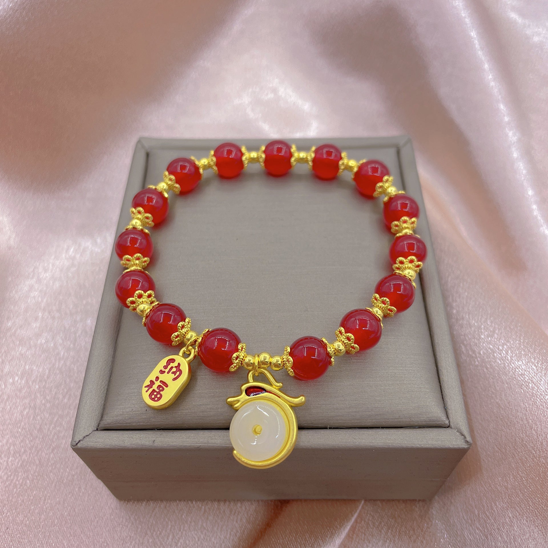 Dragon Red Agate Green Aventurine Peace Buckle Fu Character Lucky Fortune Bracelet - Fortune & Karma