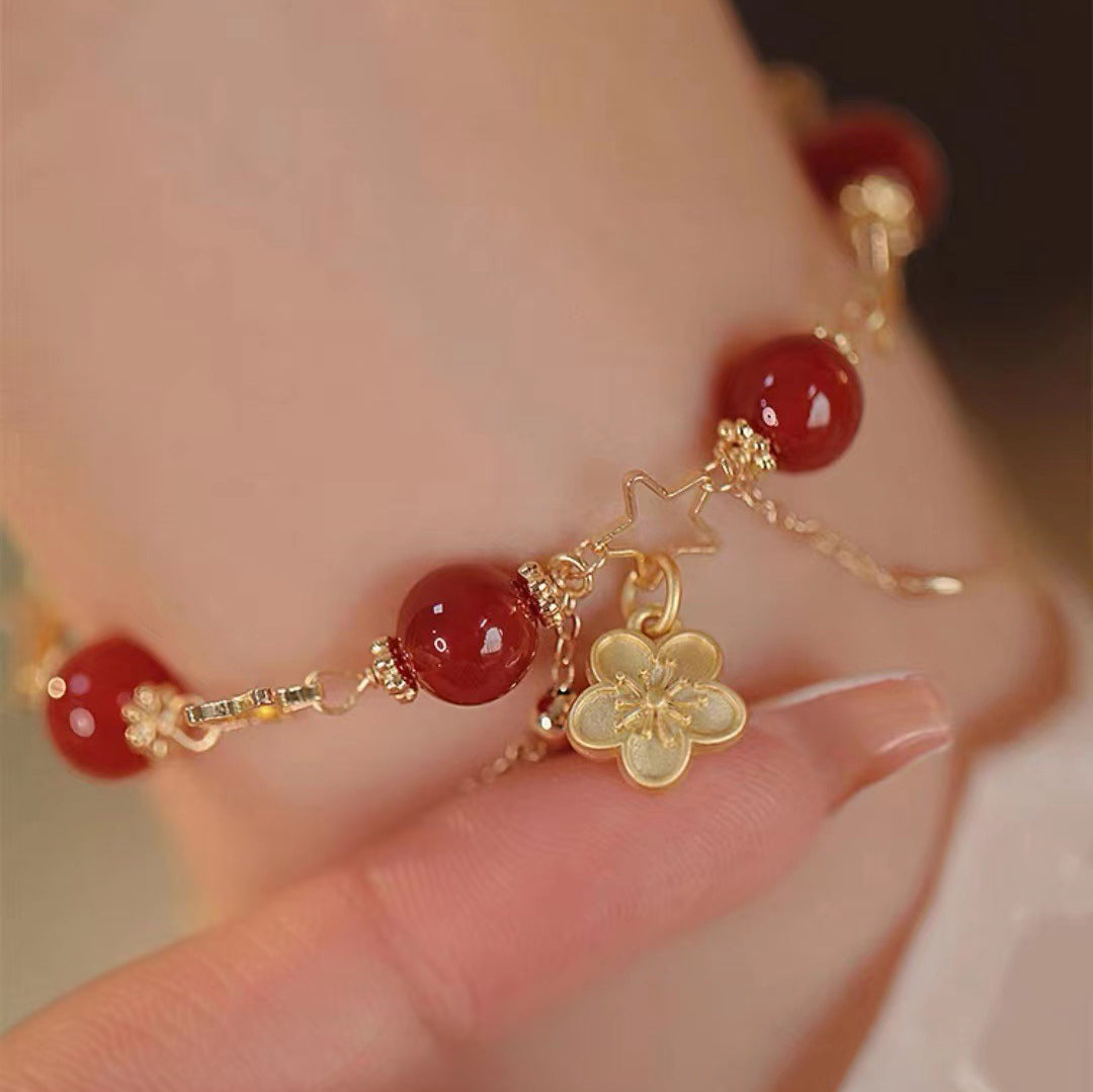 14k Gold Plated Red Agate Star Flower Charm Calm Bracelet - Fortune & Karma