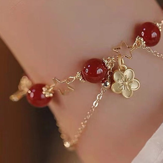 14k Gold Plated Red Agate Star Flower Charm Calm Bracelet - Fortune & Karma