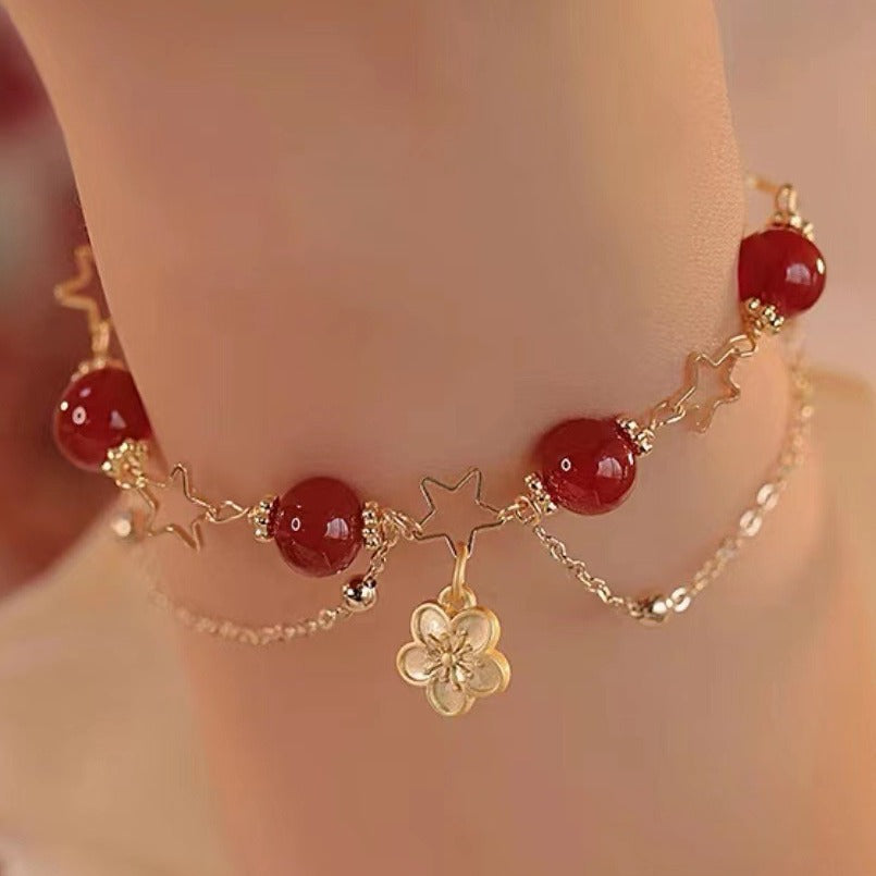 14k Gold Plated Red Agate Star Flower Charm Calm Bracelet - Fortune & Karma