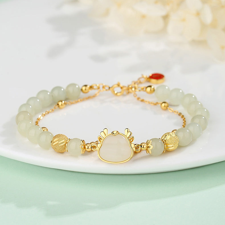 925 Sterling Silver Year Of The Dragon Natural Hetian Jade Auspicious Charm Success Bracelet - Fortune & Karma