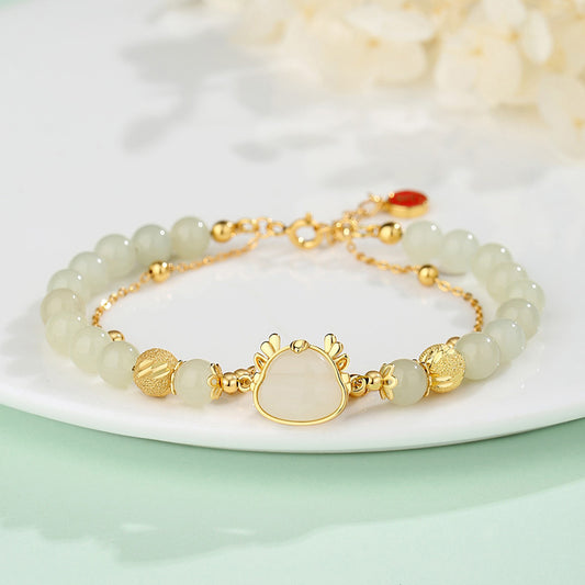 925 Sterling Silver Year Of The Dragon Natural Hetian Jade Auspicious Charm Success Bracelet - Fortune & Karma