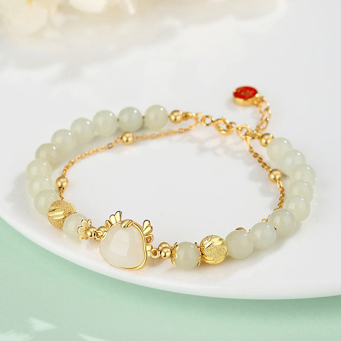 925 Sterling Silver Year Of The Dragon Natural Hetian Jade Auspicious Charm Success Bracelet - Fortune & Karma
