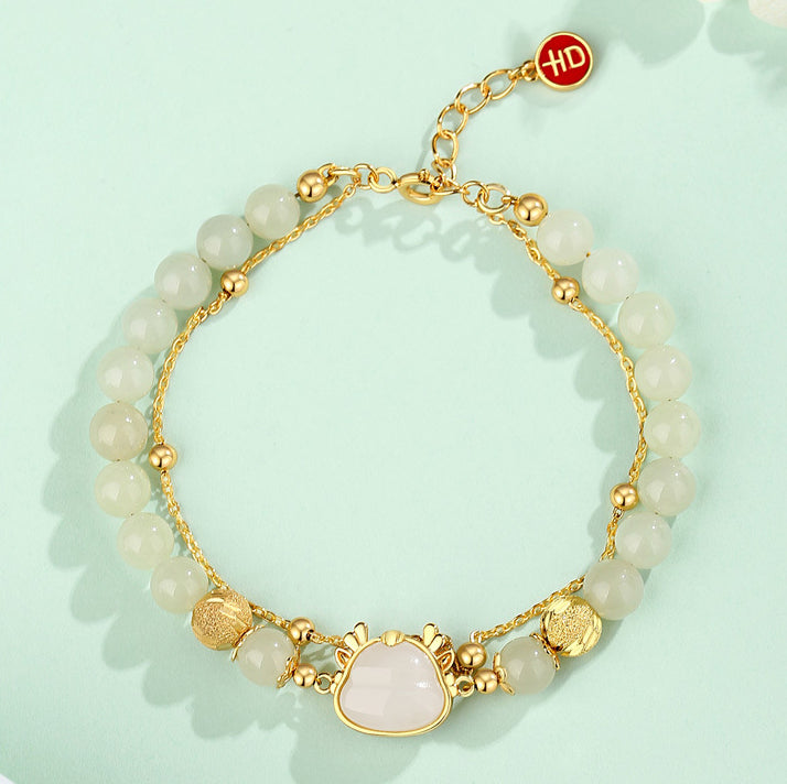925 Sterling Silver Year Of The Dragon Natural Hetian Jade Auspicious Charm Success Bracelet - Fortune & Karma