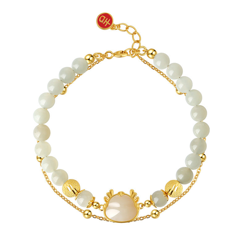 925 Sterling Silver Year Of The Dragon Natural Hetian Jade Auspicious Charm Success Bracelet - Fortune & Karma