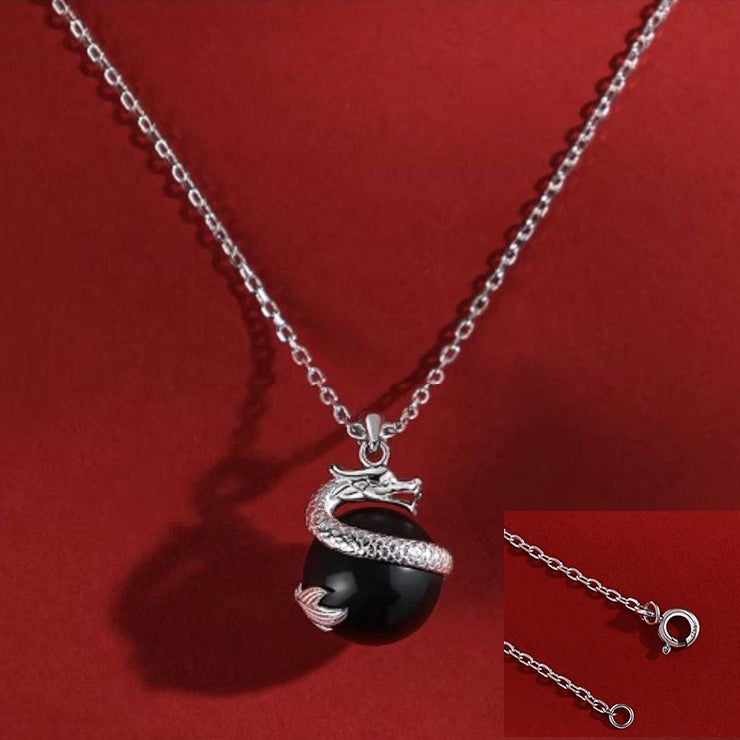925 Sterling Silver Year of the Dragon Black Obsidian Fulfilment Necklace Pendant - Fortune & Karma