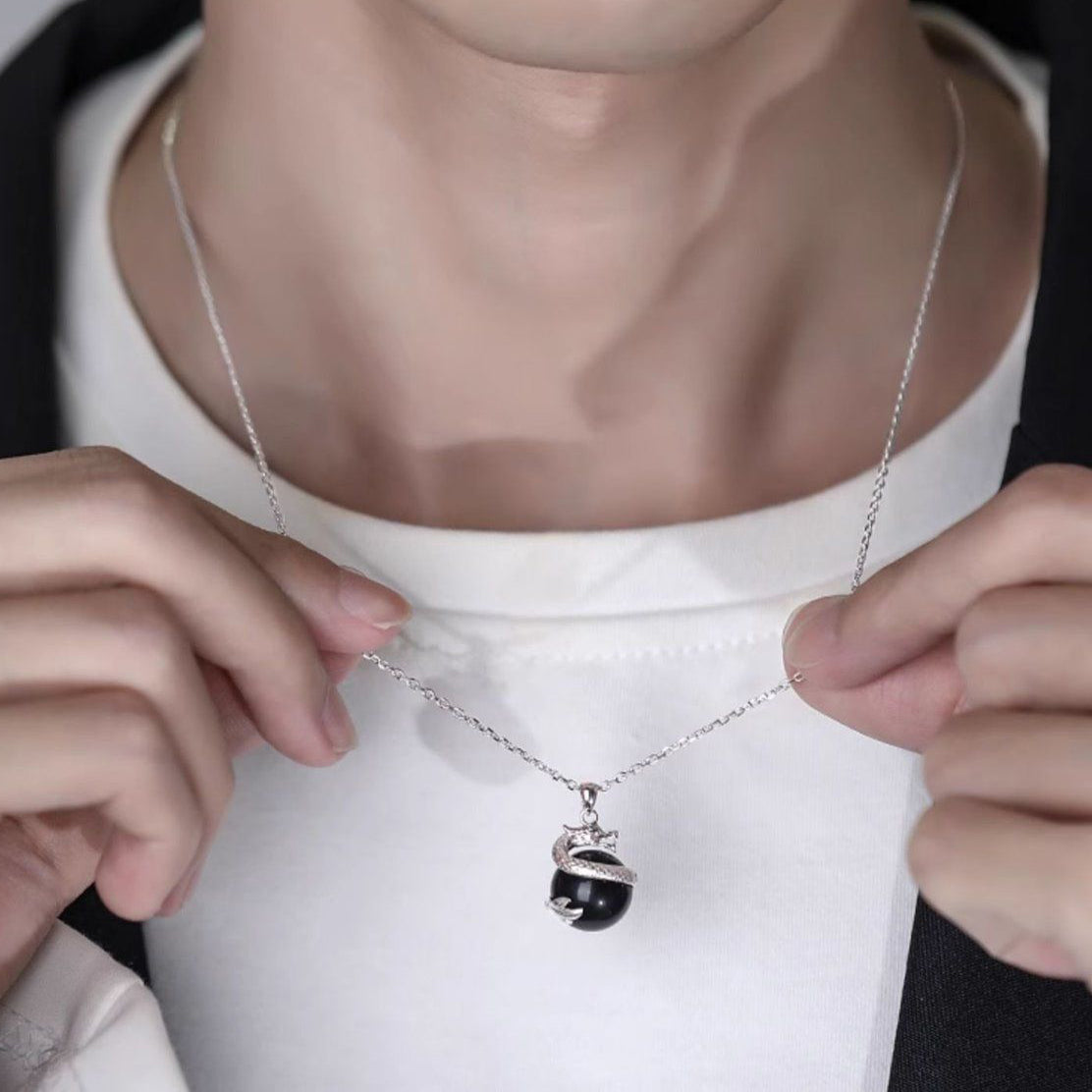 925 Sterling Silver Year of the Dragon Black Obsidian Fulfilment Necklace Pendant - Fortune & Karma