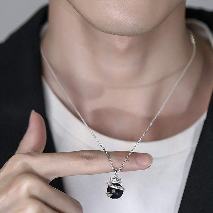 925 Sterling Silver Year of the Dragon Black Obsidian Fulfilment Necklace Pendant - Fortune & Karma