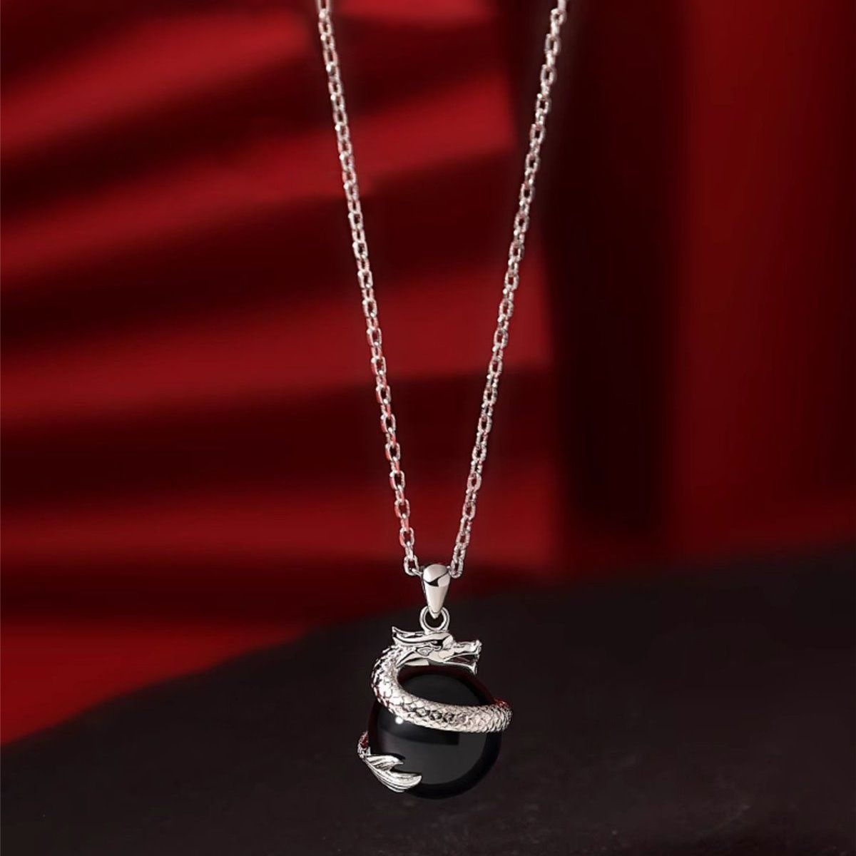 925 Sterling Silver Year of the Dragon Black Obsidian Fulfilment Necklace Pendant - Fortune & Karma