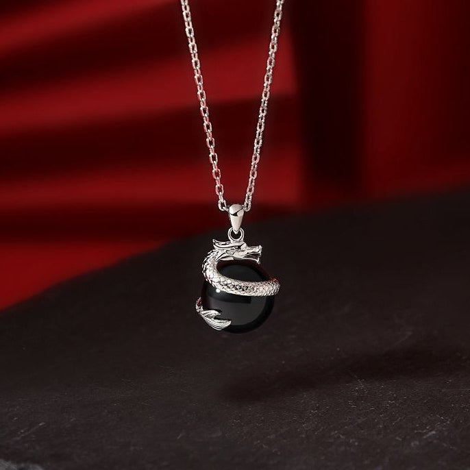 925 Sterling Silver Year of the Dragon Black Obsidian Fulfilment Necklace Pendant - Fortune & Karma