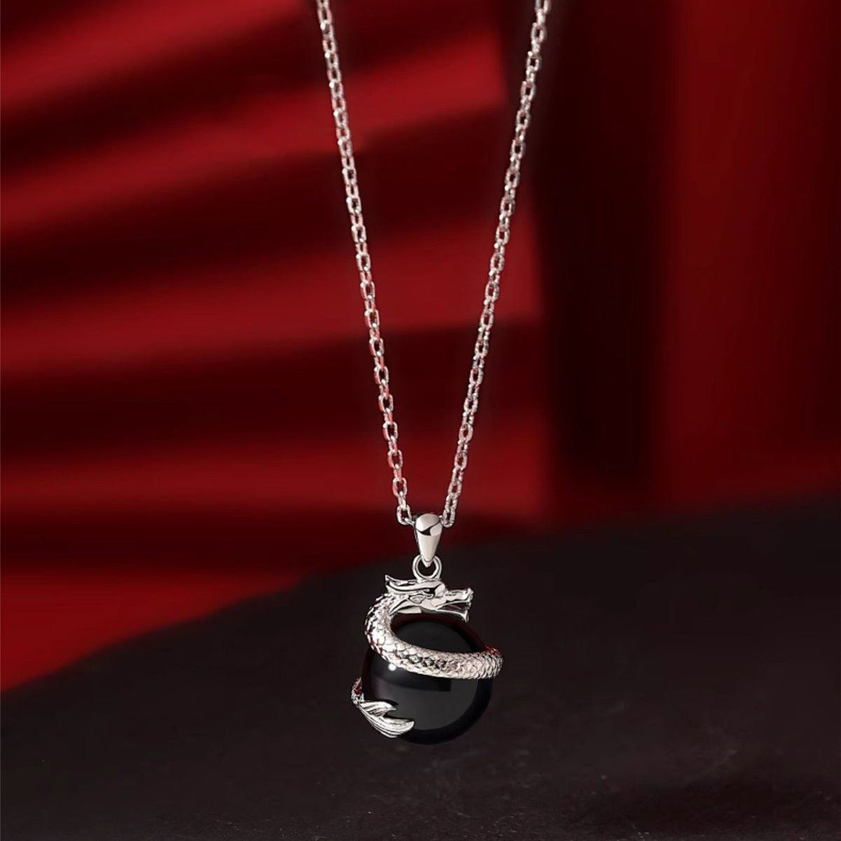 925 Sterling Silver Year of the Dragon Black Obsidian Fulfilment Necklace Pendant - Fortune & Karma