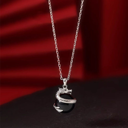 925 Sterling Silver Year of the Dragon Black Obsidian Fulfilment Necklace Pendant - Fortune & Karma