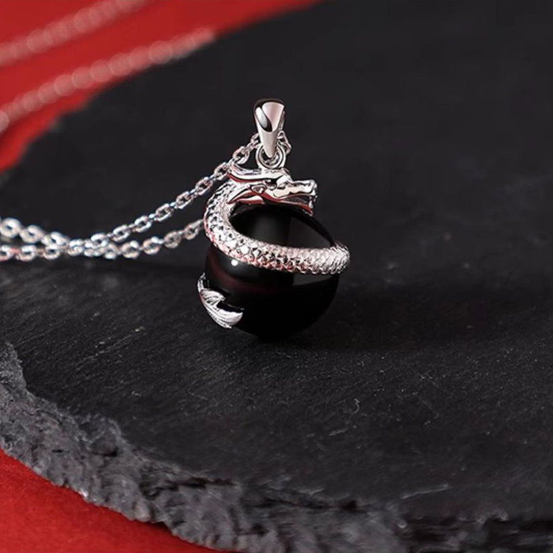 925 Sterling Silver Year of the Dragon Black Obsidian Fulfilment Necklace Pendant - Fortune & Karma