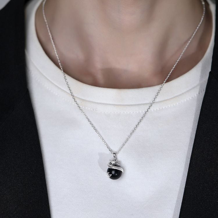 925 Sterling Silver Year of the Dragon Black Obsidian Fulfilment Necklace Pendant - Fortune & Karma