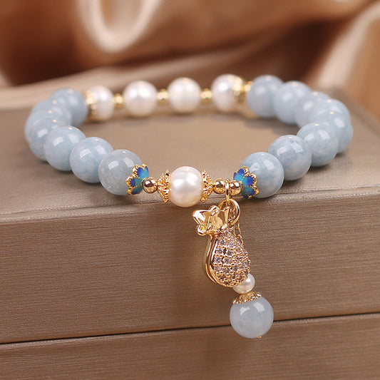 Aquamarine Pearl Fortune Money Bag Charm Bracelet - Fortune & Karma