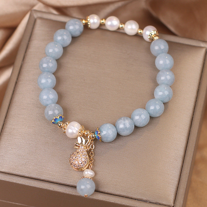 Aquamarine Pearl Fortune Money Bag Charm Bracelet - Fortune & Karma