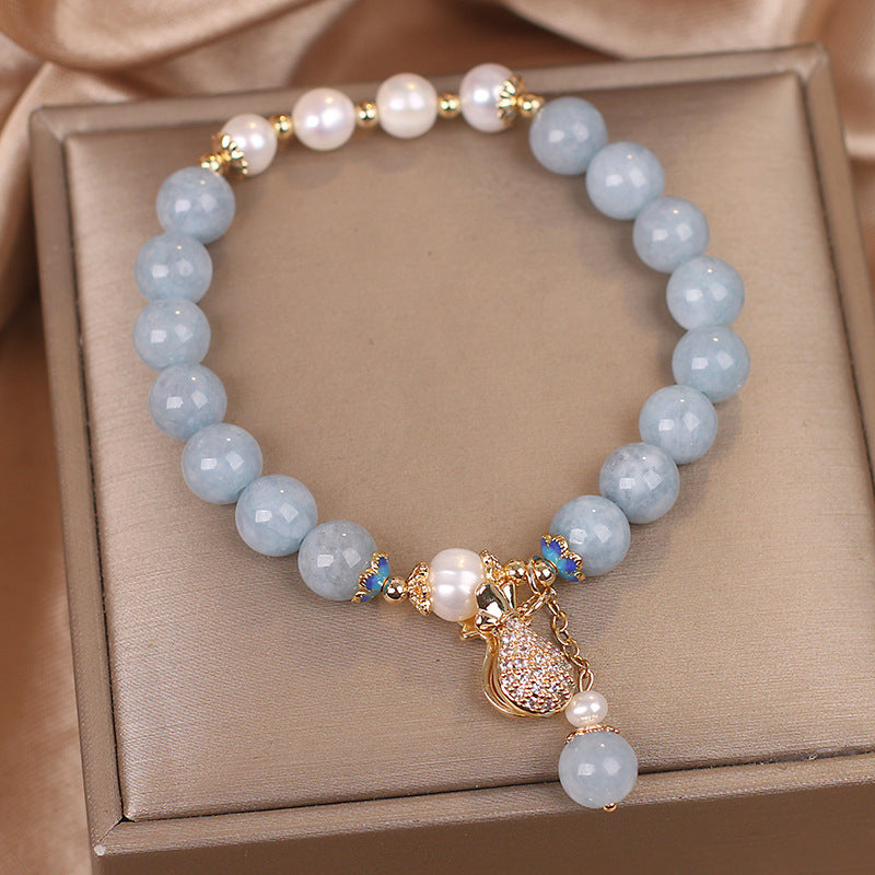 Aquamarine Pearl Fortune Money Bag Charm Bracelet - Fortune & Karma