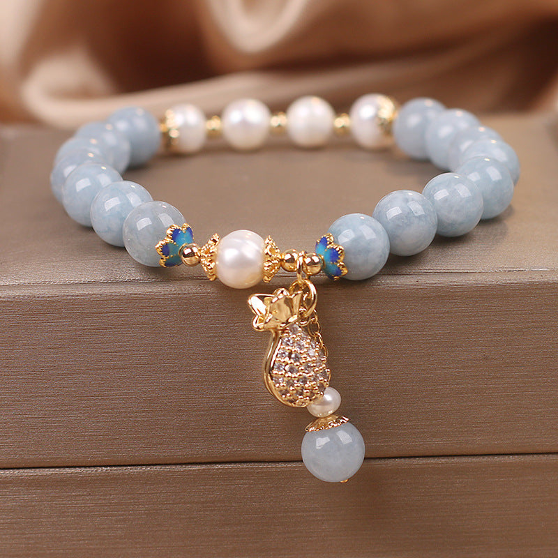 Aquamarine Pearl Fortune Money Bag Charm Bracelet - Fortune & Karma