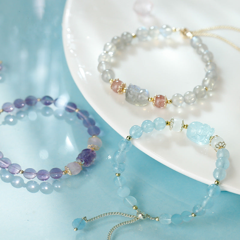 Aquamarine Strawberry Quartz Amethyst Moonstone PiXiu Healing Bracelet